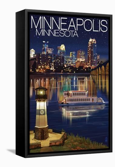 Minneapolis, Minnesota - Skyline at Night-Lantern Press-Framed Stretched Canvas