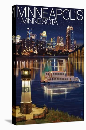 Minneapolis, Minnesota - Skyline at Night-Lantern Press-Stretched Canvas