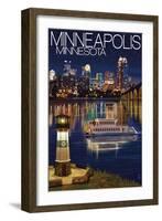 Minneapolis, Minnesota - Skyline at Night-Lantern Press-Framed Art Print