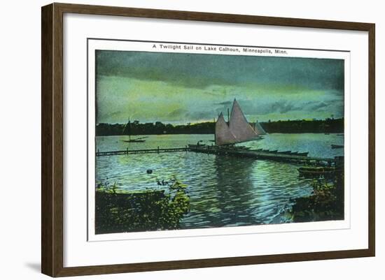 Minneapolis, Minnesota - Twilight Scene on Lake Calhoun, Sailboat-Lantern Press-Framed Art Print