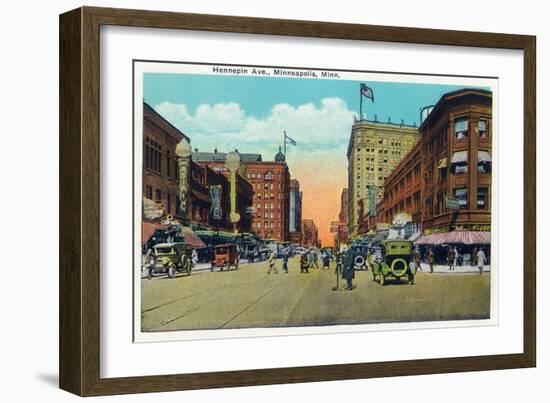 Minneapolis, Minnesota - View Down Hennepin Avenue-Lantern Press-Framed Art Print