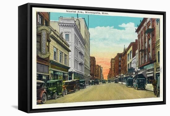 Minneapolis, Minnesota - View Down Nicollet Avenue-Lantern Press-Framed Stretched Canvas