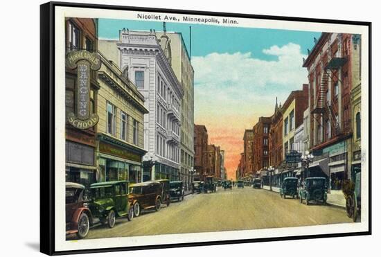 Minneapolis, Minnesota - View Down Nicollet Avenue-Lantern Press-Framed Stretched Canvas