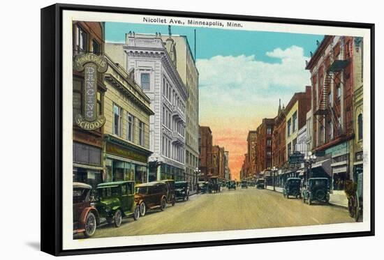 Minneapolis, Minnesota - View Down Nicollet Avenue-Lantern Press-Framed Stretched Canvas