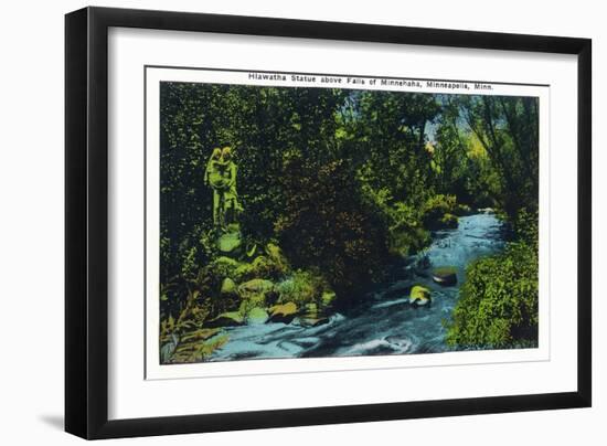 Minneapolis, Minnesota - View of the Hiawatha Statue Above Falls of Minnehaha-Lantern Press-Framed Art Print