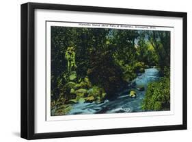 Minneapolis, Minnesota - View of the Hiawatha Statue Above Falls of Minnehaha-Lantern Press-Framed Art Print