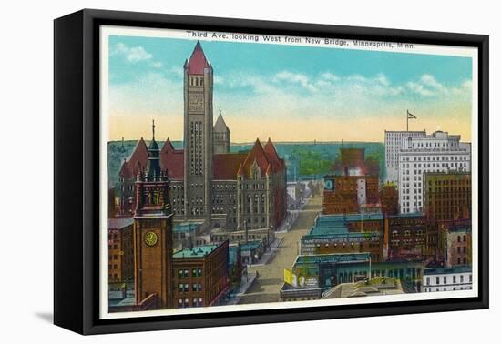 Minneapolis, Minnesota - Western View from New Bridge of Third Avenue-Lantern Press-Framed Stretched Canvas