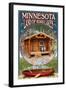 Minnesota - Cabin and Lake-Lantern Press-Framed Art Print