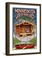 Minnesota - Cabin and Lake-Lantern Press-Framed Art Print