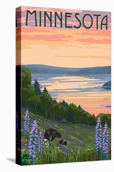 Minnesota - Lake and Bear Family-Lantern Press-Stretched Canvas