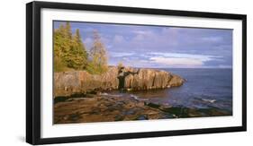 Minnesota, Lichen Covered Rocks and Stormy Sky over Lake Superior at Artist Point-John Barger-Framed Premium Photographic Print