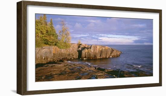 Minnesota, Lichen Covered Rocks and Stormy Sky over Lake Superior at Artist Point-John Barger-Framed Photographic Print