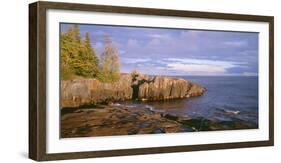 Minnesota, Lichen Covered Rocks and Stormy Sky over Lake Superior at Artist Point-John Barger-Framed Photographic Print