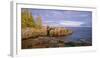 Minnesota, Lichen Covered Rocks and Stormy Sky over Lake Superior at Artist Point-John Barger-Framed Photographic Print