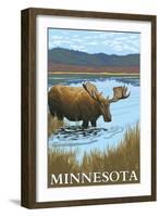 Minnesota - Moose and Lake-Lantern Press-Framed Art Print