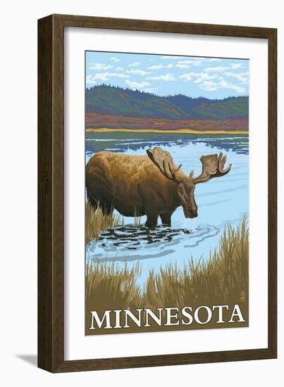 Minnesota - Moose and Lake-Lantern Press-Framed Art Print