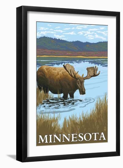 Minnesota - Moose and Lake-Lantern Press-Framed Art Print