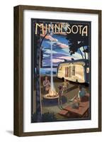 Minnesota - Retro Camper and Lake-Lantern Press-Framed Art Print