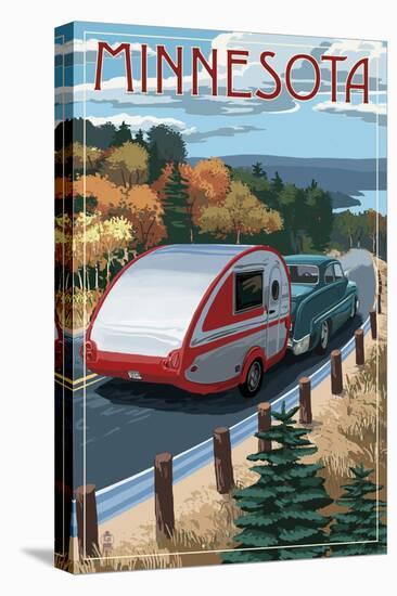 Minnesota - Retro Camper on Road-Lantern Press-Stretched Canvas