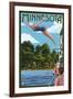 Minnesota - Woman Diving and Lake-Lantern Press-Framed Art Print