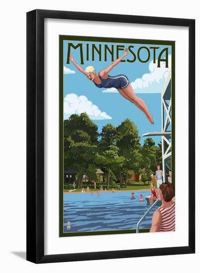 Minnesota - Woman Diving and Lake-Lantern Press-Framed Art Print