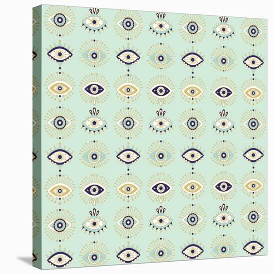 Mint Evil Eyes Pattern-Cat Coquillette-Stretched Canvas