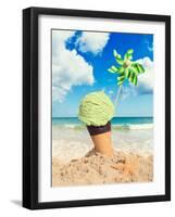 Mint Icecream in Chocolate Wafer Cone on the Beach - Vintage Tone Effect Added-Chris_Elwell-Framed Photographic Print