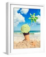 Mint Icecream in Chocolate Wafer Cone on the Beach - Vintage Tone Effect Added-Chris_Elwell-Framed Photographic Print