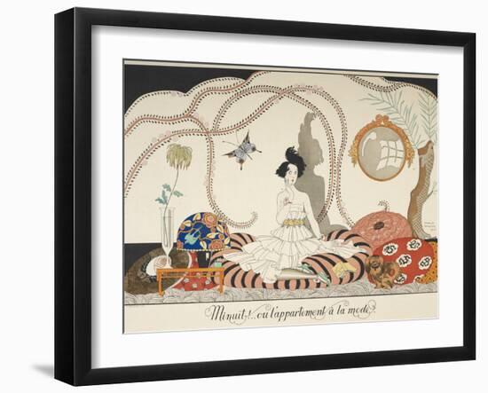 Minuit !  ou lappartement à la mode A woman siiting among many cushions Her pet dog with her-Georges Barbier-Framed Giclee Print