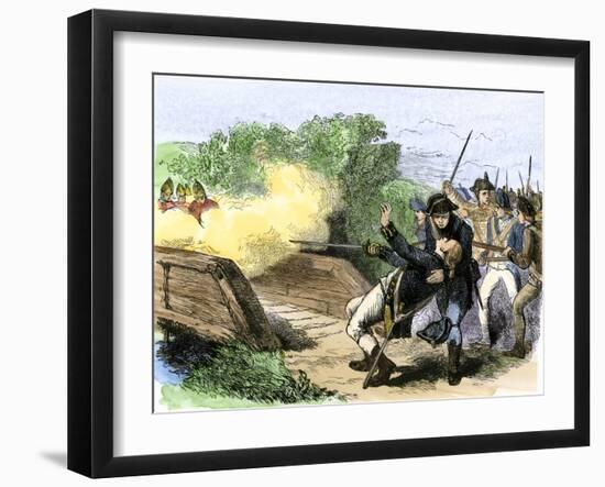 Minuteman Isaac Davis Killed Holding British Redcoats at North Bridge, Battle of Concord, c.1775-null-Framed Giclee Print