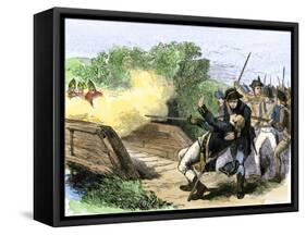 Minuteman Isaac Davis Killed Holding British Redcoats at North Bridge, Battle of Concord, c.1775-null-Framed Stretched Canvas