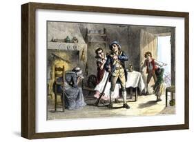 Minuteman Leaving for the Battle of Lexington, the Start of the American Revolution, c.1775-null-Framed Giclee Print