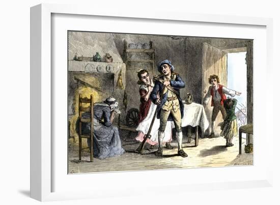 Minuteman Leaving for the Battle of Lexington, the Start of the American Revolution, c.1775-null-Framed Giclee Print