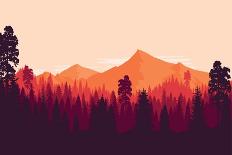 Flat Landscape of Mountain and Forest in Evening in Warm Tone. Vector Illustration-miomart-Framed Stretched Canvas