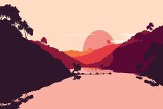 Flat Landscape of Mountain, Lake and Forest in Evening in Warm Tone. Vector Illustration-miomart-Laminated Premium Giclee Print