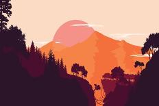 Flat Landscape of Mountain and Forest in Evening in Warm Tone. Vector Illustration-miomart-Laminated Premium Giclee Print