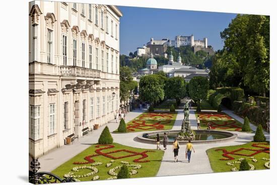 Mirabell Palace and Mirabell Gardens against Salzburg Cathedral and Fortress Hohensalzburg-null-Stretched Canvas