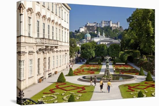 Mirabell Palace and Mirabell Gardens against Salzburg Cathedral and Fortress Hohensalzburg-null-Stretched Canvas