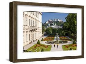 Mirabell Palace and Mirabell Gardens against Salzburg Cathedral and Fortress Hohensalzburg-null-Framed Art Print