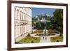 Mirabell Palace and Mirabell Gardens against Salzburg Cathedral and Fortress Hohensalzburg-null-Framed Art Print