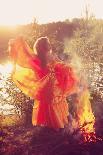 Beautiful Witch in the Woods near the Fire. Magic Woman Celebrating Halloween. Girl Doing Witchcraf-Miramiska-Photographic Print