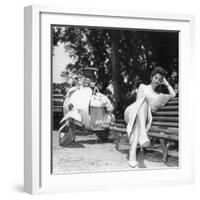 Miranda Martino Reading Seated on a Bench-null-Framed Photographic Print