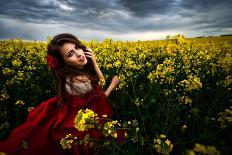 Beautiful Woman with Red Cloak on Blooming Rapeseed Field in Summer-mirceab-Photographic Print