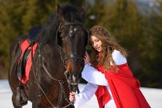 Beautiful Woman with Red Cloak with Horse Outdoor in Winter-mirceab-Photographic Print