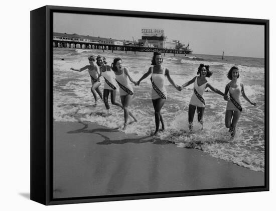 Miss America Candidates Playing in Surf During Contest Period-Peter Stackpole-Framed Stretched Canvas