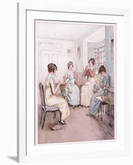 Miss Fanny Is Reading Aloud from the Library Book While Others Sew or Knit-Hugh Thomson-Framed Giclee Print