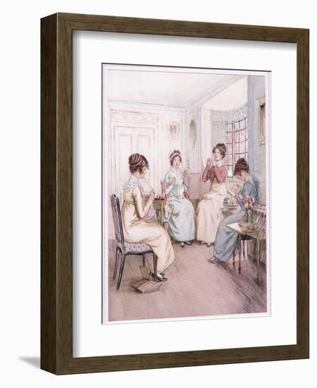 Miss Fanny Is Reading Aloud from the Library Book While Others Sew or Knit-Hugh Thomson-Framed Giclee Print