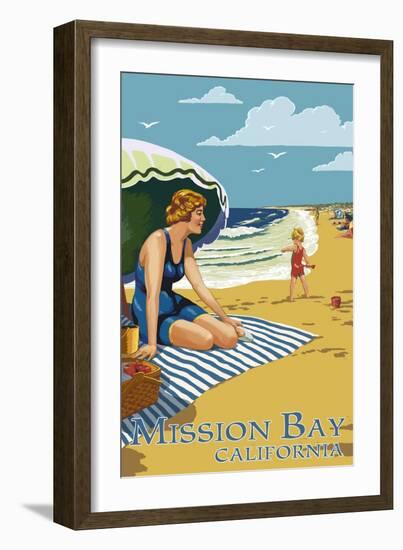 Mission Bay, California - Woman on the Beach-Lantern Press-Framed Art Print