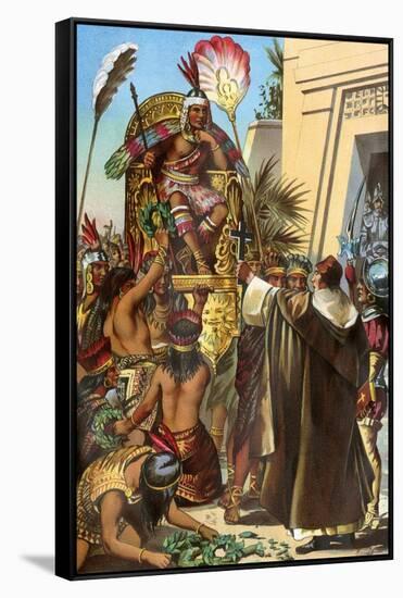 Missionary Father Valverde Addresses the Inca King Atahualpa during the Conquest of Peru, c.1532-null-Framed Stretched Canvas