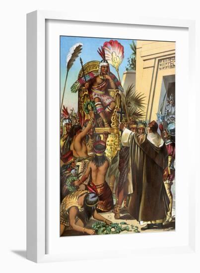 Missionary Father Valverde Addresses the Inca King Atahualpa during the Conquest of Peru, c.1532-null-Framed Giclee Print